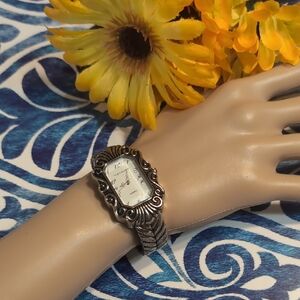 Vernier Silver Ornate Quartz Watch with White Dial Hinged Cuff
